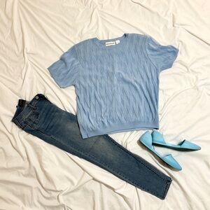 Vintage Alfred Dunner Blue Cable Knit Short Sleeve Sweater w/ Shoulder Pads